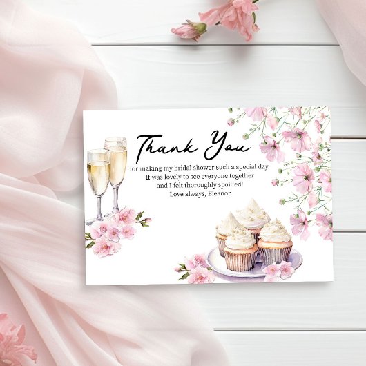 Carte De Remerciements Verres à champagne et cupcakes Fleurs roses