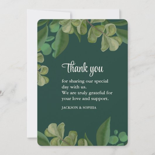 Carte De Remerciements Vert émeraude Élégante verdure rustique feuilles l (Devant)