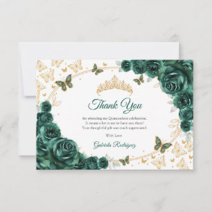 Carte De Remerciements Vert émeraude or floral Quinceanera