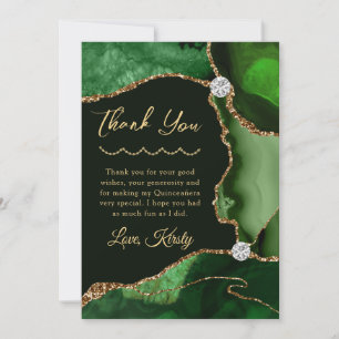 Carte De Remerciements Vert et Or Faux Paillettes Agate Quinceanera