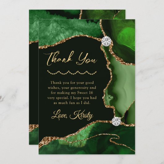 Carte De Remerciements Vert et or Parties scintillant Agate Sweet sixtee (Devant / Derrière)