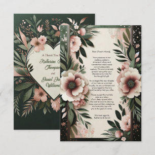 Carte De Remerciements Vert foncé luxuriant et rose pâle Mariage floral