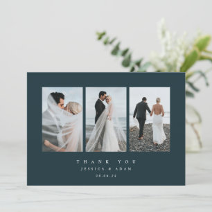 Carte De Remerciements Vert foncé Ultra Minimal triple Mariage photo plat