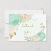 Carte De Remerciements vert menthe et fleurs blanches or fleuri mariage (Devant)