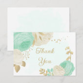 Carte De Remerciements vert menthe et fleurs blanches or fleuri mariage (Devant / Derrière)
