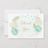 Carte De Remerciements vert menthe et fleurs blanches or fleuri mariage (Devant)
