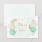 Carte De Remerciements vert menthe et fleurs blanches or fleuri mariage (Devant / Derrière)