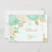 Carte De Remerciements vert menthe et fleurs blanches or fleuri mariage (Devant)
