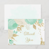 Carte De Remerciements vert menthe et fleurs blanches or fleuri mariage (Devant / Derrière)