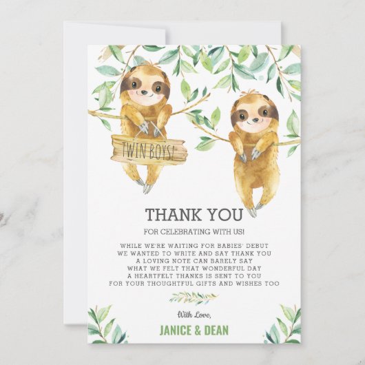 Carte De Remerciements Vert mignon Sloth Baby shower jumeaux garçons (Devant)