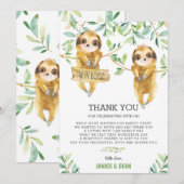 Carte De Remerciements Vert mignon Sloth Baby shower jumeaux garçons (Devant / Derrière)