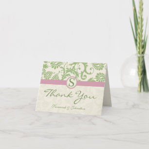 Carte De Remerciements Vert mousse et damas rose, merci.