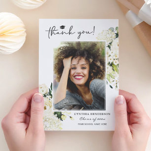 Carte De Remerciements Vert Rose blanche Floral Graduation Photo