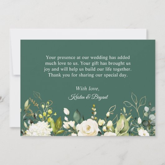 Carte De Remerciements Vert Rose blanche or Mariage Floral (Dos)