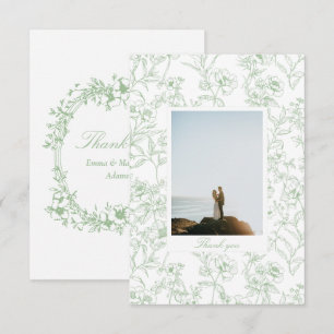 Carte De Remerciements Vert sauge Chinoiserie Floral Photo Mariage