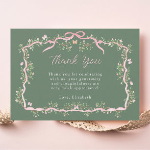 Carte De Remerciements Vert sauge et bébé rose Fête de naissance Jardin d