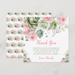 Carte De Remerciements Vert sauge et floral rose pour un Sweet Sixteen