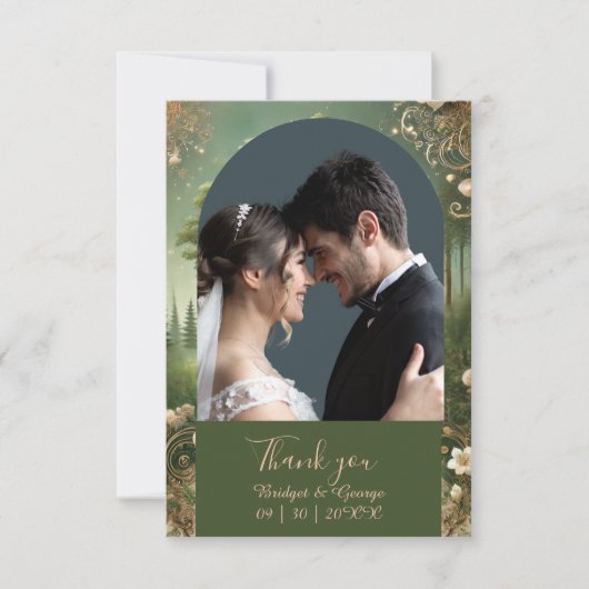 Carte De Remerciements vert Whimsical Medieval Forest photo et Mariage (Devant)