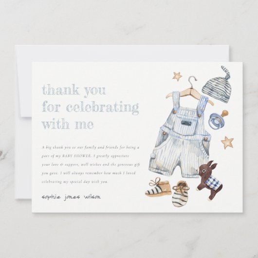 Carte De Remerciements Vêtements Bébé mignons Essentials Baby shower Garç (Devant)