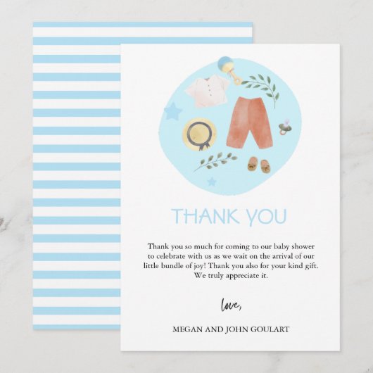 Carte De Remerciements Vêtements Simples pour Bébé Fête de Naissance Bleu (Devant / Derrière)