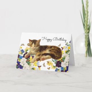 Carte De Remerciements Victorian Cat Nap Floral Butterfly Happy Birthday