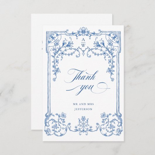 Carte De Remerciements Victorien Ornate Grace Floral Dusty Mariage bleu (Devant / Derrière)