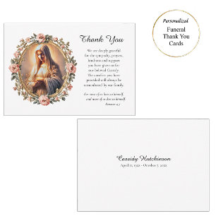 Carte De Remerciements Vierge Marie en prière cadre rose funérailles cath