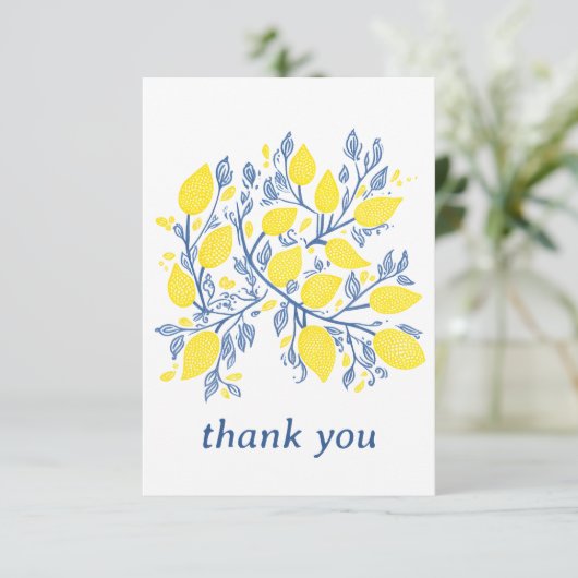 Carte De Remerciements Vignes de citron bleu et jaune, jolies et délicate (Debout devant)