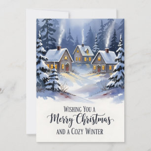 Carte De Remerciements Village de Noël hivernal cosy aquarelle