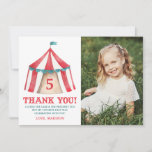 Carte De Remerciements Vintage Circus Tent Photo Birthday Thank You<br><div class="desc">Thank guests for coming to celebrate the birthday boy or girl with our stylish Vintage Circus Tent birthday Phothank you cards. The adorable circus themed thank you cards feature a colorful water color circus tent with red vintage typography. Personalize the thank you cards by adding your child's photo, name, age,...</div>