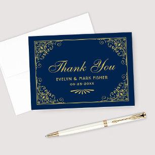 Carte De Remerciements Vintage Dark Navy Gold Art Déco Mariage Monogramme