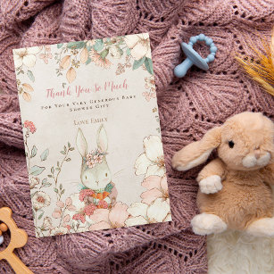 Carte De Remerciements Vintage Mignonne lapin Botanique Rose Baby shower 
