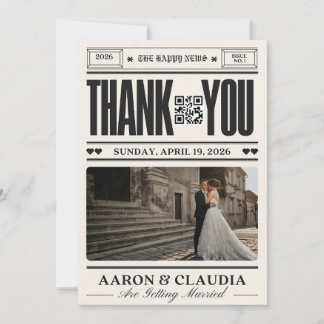 Carte De Remerciements Vintage Newspaper Wedding Thank You Card with QR