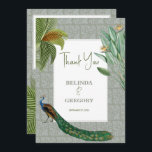 Carte De Remerciements Vintage Peacock Feather Tropical Greenery Mariage<br><div class="desc">Un design vintage d'oiseau paon avec verdure tropicale et motif damassé arrière - plan. Ce design est idéal pour toutes les saisons. Un design aquarelle élégant dans un thème contemporain. Un carte de remerciements mariage classe aux plumes de paon glorieuses et aux éléments modernes. Des invitations de mariage et d'autres...</div>