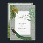 Carte De Remerciements Vintage Peacock Feather Tropical Greenery Mariage<br><div class="desc">Un design vintage d'oiseau paon avec verdure tropicale et motif damassé arrière - plan. Ce design est idéal pour toutes les saisons. Un design aquarelle élégant dans un thème contemporain. Un carte de remerciements mariage classe aux plumes de paon glorieuses et aux éléments modernes. Des invitations de mariage et d'autres...</div>