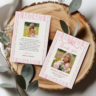 Carte De Remerciements Vintage Stripes Pink Bow Graduation Photo