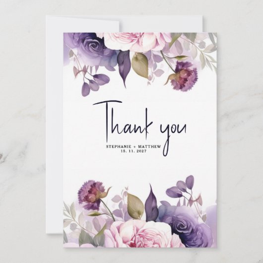 Carte De Remerciements violet Dusty Blush rose Mariage Floral (Devant)