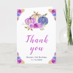 Carte De Remerciements Violet et bleu marine Floral Citrouilles Anniversa