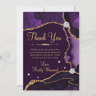 Carte De Remerciements Violet et Or Fausse Agate Brillante Quinceanera
