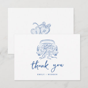 Carte De Remerciements Voiture bleu esquissé juste mariés monogramme de c