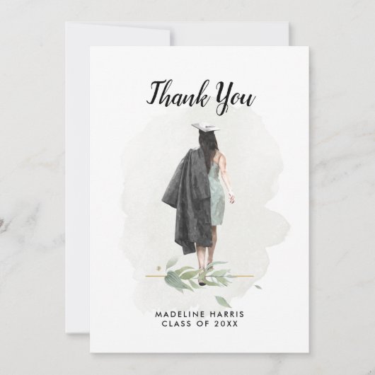 Carte De Remerciements Watercolor Girl Green Graduation photo personnalis (Devant)