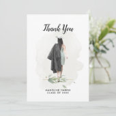 Carte De Remerciements Watercolor Girl Green Graduation photo personnalis (Debout devant)