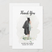 Carte De Remerciements Watercolor Girl Green Graduation photo personnalis (Devant / Derrière)