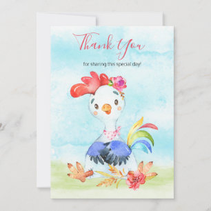 Carte De Remerciements Watercolor Girl Rooster Farm