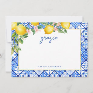 Carte De Remerciements Watercolor Lemons Italian Blue Tiles Fête des mari
