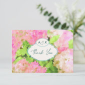 Carte De Remerciements Watercolor Pink Hydrangea Garden Wedding Monogram  (Debout devant)