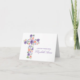 Carte De Remerciements Watercolor Purple Flower Cross Première communion