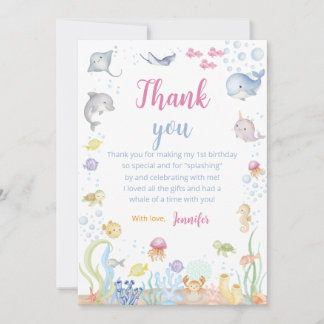 Carte De Remerciements Watercolor Under the Sea Girl 1st Birthday