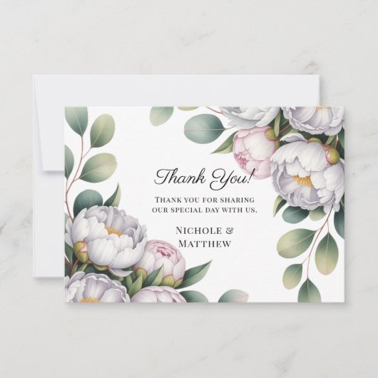 Carte De Remerciements Watercolor White Peonies Wedding (Devant)