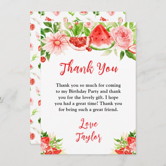 Carte De Remerciements Watermelon and Pomegranate Birthday Party (Devant / Derrière)